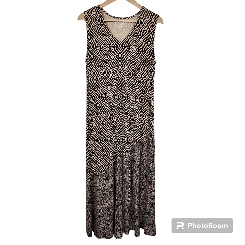 Soft Surroundings Brown Tan Sleeveless Geometric Print V Neck Maxi Dress Sz MP